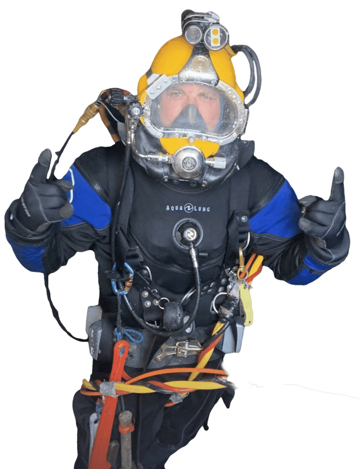 Commercial diver with yellow helmet